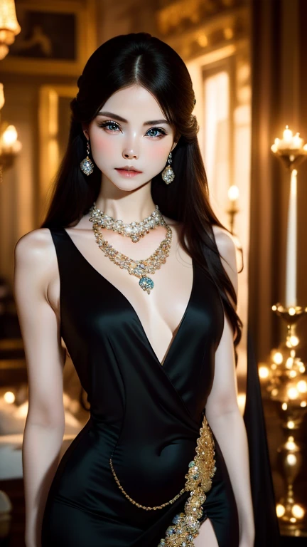 1 beautiful young princess, ((Wearing a royal style black dress with gold trim is very sexy:1.6)), (((Exquisite patterns on the skirt:1.6))), ((braided hair with long black bangs: 1.6)), ((pink nipples and small areola:1.2)), ((long bangs:1.6)), ((hair jewelry:1.9)), ((upper body gold jewelry:1.9)), ((Very delicate gold necklaces:1.7)), ((earrings with emeralds:0.8)), noble, noble style of an extremely beautiful girl, super cute little face, very pretty face, fur thin eyebrows, flawless beautiful face, ((black eye pupils: 0.8)), very beautiful eyes, ((green eyes eyes: 1.6)), beautiful makeup and detailed hairdo, eyelashes, eye makeup wet, high nose, earrings, red lips, ((closed mouth: 1;5 )) beautiful lips, slim hands, ((arms spread out to the sides: 1.7)), rosy face, clean face, flawless beautiful face, smooth white skin, firm breasts, nice cleavage, ((super big and round breasts: 1.6)), beautiful breasts, perfect body, ((bent sitting position:1.6)), 8k photos, super high quality, super realistic, super 10x pixels, optical, bright studio, bright edges, two-tone lighting, (high detail skin:1.2), super 8k, soft lighting , high quality, volumetric light, optical, optical high resolution, light, best photo, 4k, 8k quality, blur effect, smooth sharpness, 10 x pixels, ((beach at night background:1.5)), aurora, lightning, super realistic graphics, most realistic graphics, alone, solo, Extremely sharp, surreal images, (((frontal portrait: 1.6)))."
