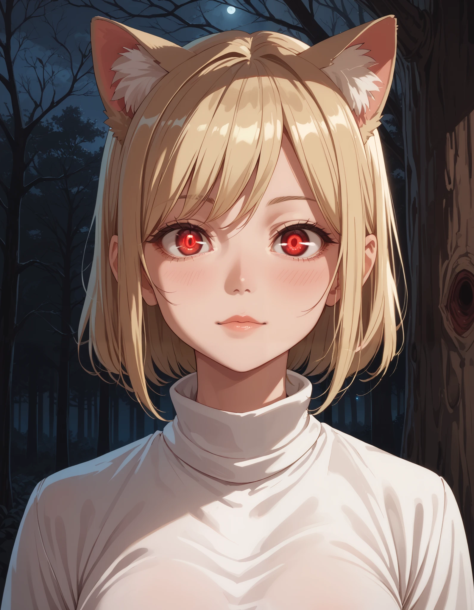 score_9, score_8_up, score_7_up, solo, peeking out, upper body, hiding behind tree, night, horror \(theme\), forest, necoarc, glowing eyes, cat ears, blonde hair, red eyes, chibi, :3, white shirt, turtleneck,  looking at viewer 