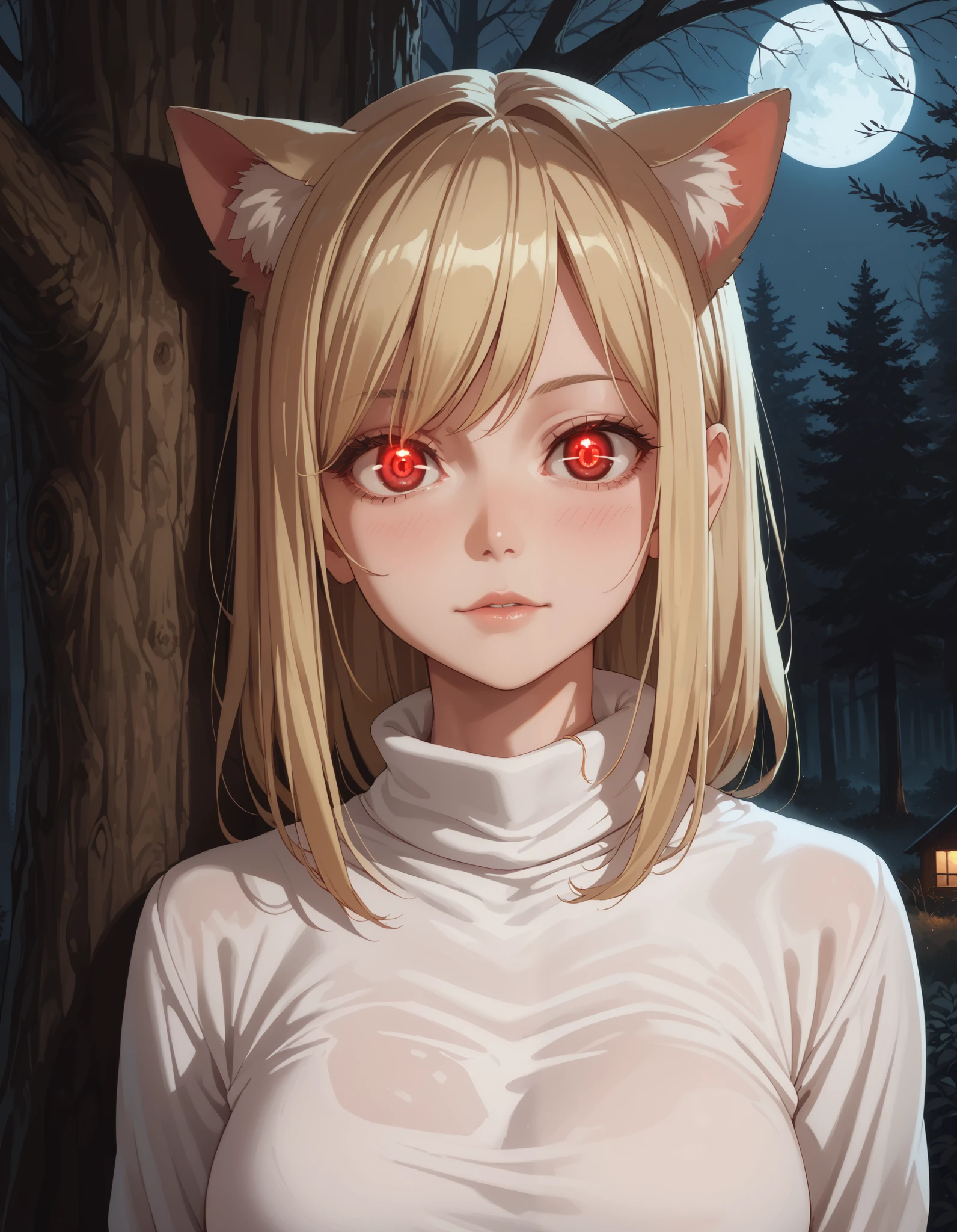 score_9, score_8_up, score_7_up, solo, peeking out, upper body, hiding behind tree, night, horror \(theme\), forest, necoarc, glowing eyes, cat ears, blonde hair, red eyes, chibi, :3, white shirt, turtleneck,  looking at viewer 