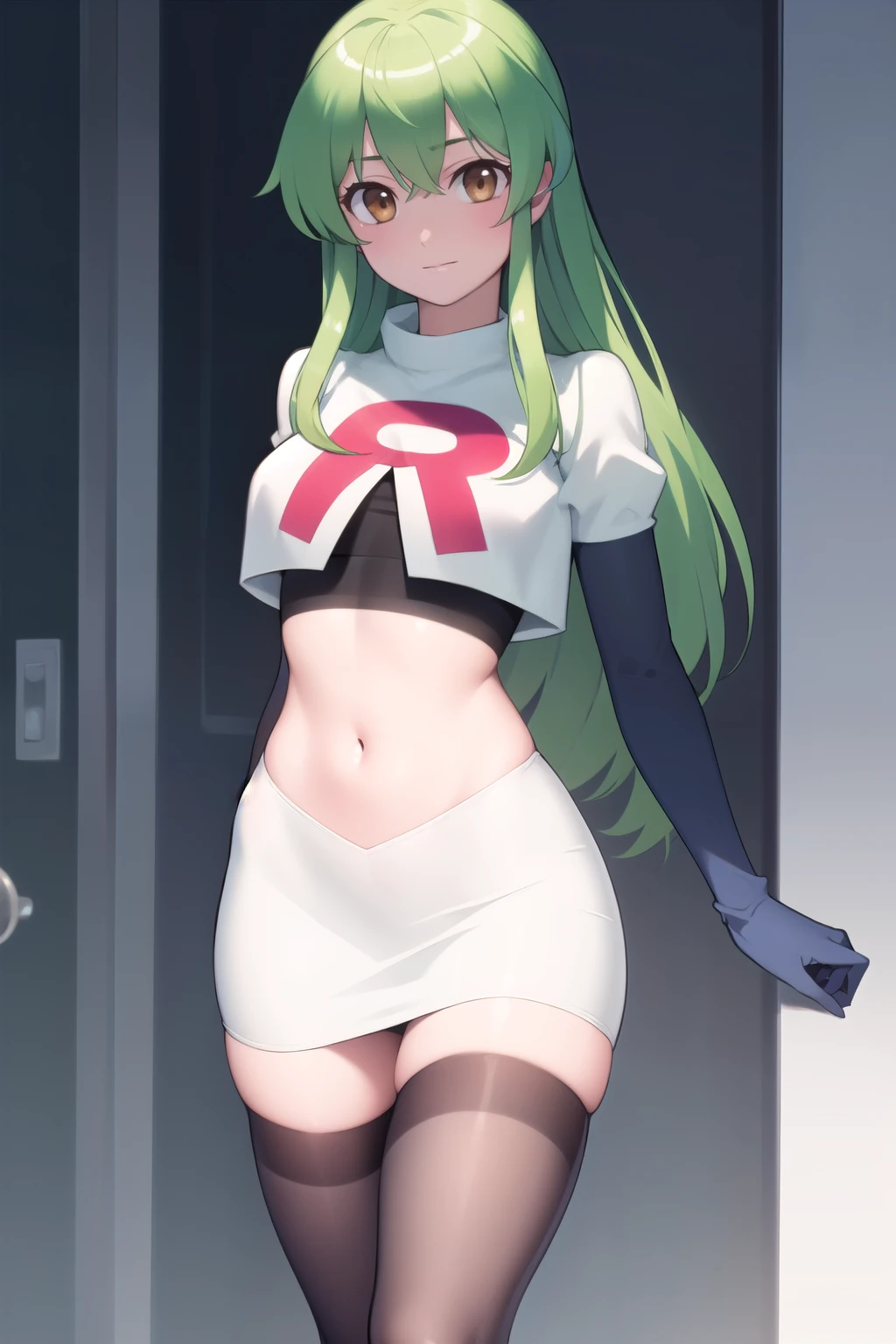 pneuma \(xenoblade\), 1girl, absurdres, bangs, breasts, earrings, green eyes, green hair, headpiece, highres, inuisbink, jewelry, large breasts, long hair, ponytail, solo, swept bangs, tiara, very long hair, xenoblade chronicles \(series\), (xenoblade chronicles 2), team rocket,team rocket uniform,white skirt,red letter R,crop top,black thigh-highs,black elbow gloves

