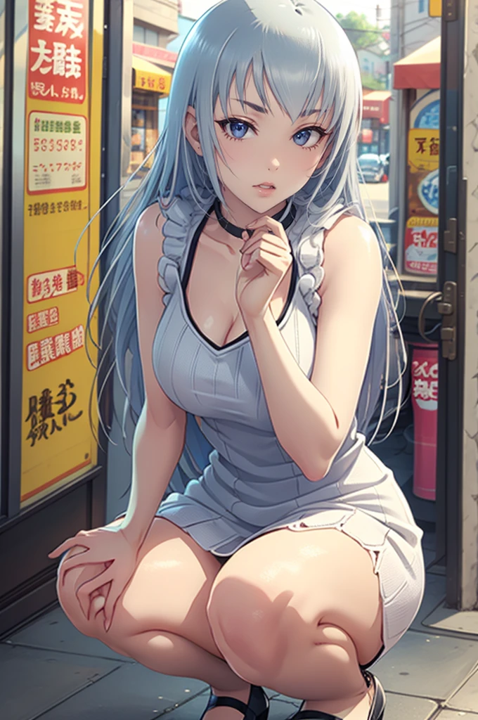 ,alone、Big Breasts、Around town、noon、walk、、、Best Quality、 detailed eyes on board、、、白いHair、Big Breasts、Sleeveless、 cleavage、((Knitted Whitedress))　((Squat))、 high heels、 long hair、おでこ