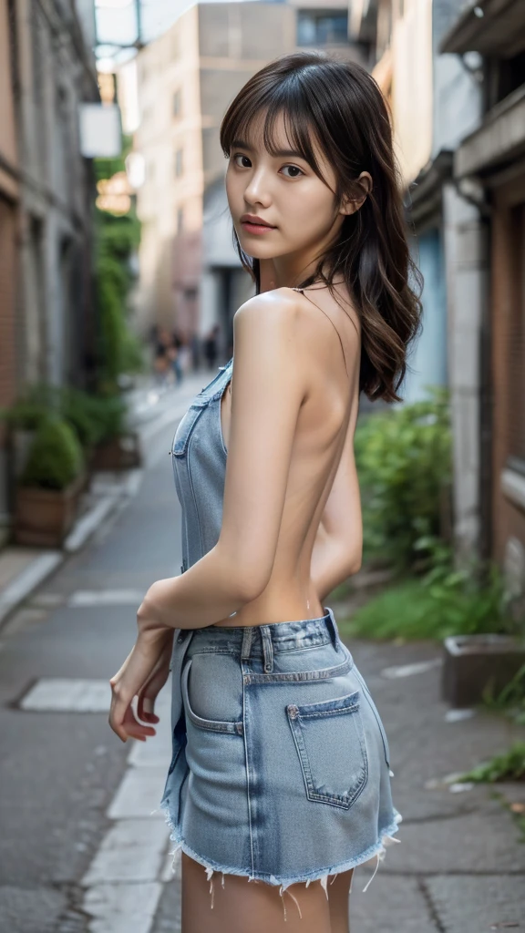 bustling street，naked，Girl wearing overalls，Cleavage