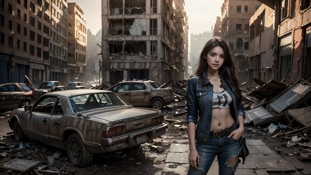 masterpiece, high resolution ,8K,(Portrait Photos:1.5),(R Original Photo),Reality,Digital Photography,(Apocalyptic ruins ),City ruins，beautiful 20 year old woman，sentry， post-apocalyptic scene，Close-range photography， broken clothes