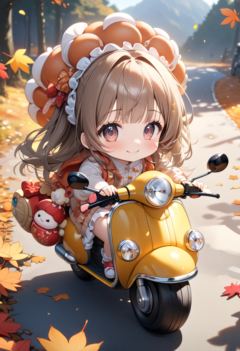 (masterpiece, ultra-detailed, best quality, clear focus, dramatic scene, cinematic), shadow, (ultra-high resolution, 8k), perfect anatomy, perfect face, (detailed face, detailed eye), cute Japanese chibi girl, (chibi:1.2), famous Japanese idol, very beautiful and cute and cool face, (wearing a cute outdoor wear:1.3), (large breasts), slim waist, happy smile, she looks so fun, (She is riding a cute scooter that made from mushrooms in the autumn leaves:1.3), some large mushrooms are on the ground, detailed cute cat is also on the motorcycle with her