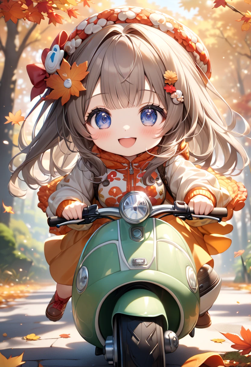 (masterpiece, ultra-detailed, best quality, clear focus, dramatic scene, cinematic), shadow, (ultra-high resolution, 8k), perfect anatomy, perfect face, (detailed face, detailed eye), cute Japanese chibi girl, (chibi:1.2), famous Japanese idol, very beautiful and cute and cool face, (wearing a cute outdoor wear:1.3), (large breasts), slim waist, happy smile, she looks so fun, (She is riding a cute scooter that made from mushrooms in the autumn leaves:1.3), some large mushrooms are on the ground, detailed cute cat is also on the motorcycle with her