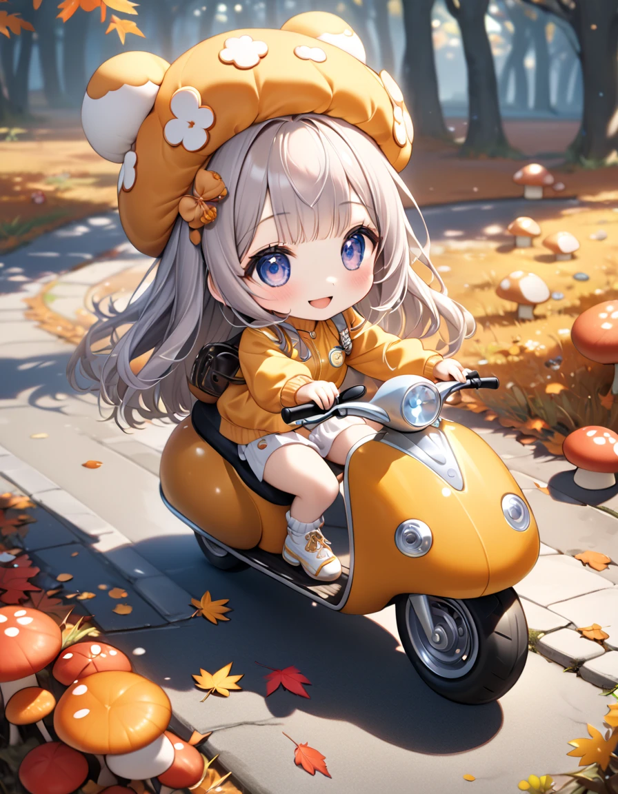 (masterpiece, ultra-detailed, best quality, clear focus, dramatic scene, cinematic), shadow, (ultra-high resolution, 8k), perfect anatomy, perfect face, (detailed face, detailed eye), cute Japanese chibi girl, (chibi:1.2), famous Japanese idol, very beautiful and cute and cool face, (wearing a cute outdoor wear:1.3), (large breasts), slim waist, happy smile, she looks so fun, (She is riding a cute scooter that made from mushrooms in the autumn leaves:1.3), some large mushrooms are on the ground, detailed cute cat is also on the motorcycle with her