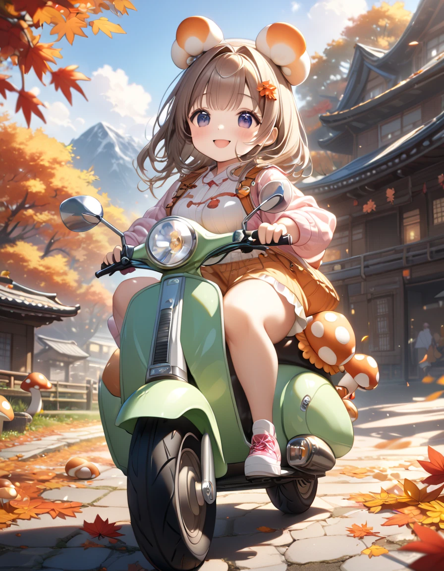 (masterpiece, ultra-detailed, best quality, clear focus, dramatic scene, cinematic), shadow, (ultra-high resolution, 8k), perfect anatomy, perfect face, (detailed face, detailed eye), cute Japanese chibi girl, (chibi:1.2), famous Japanese idol, very beautiful and cute and cool face, (wearing a cute outdoor wear:1.3), (large breasts), slim waist, happy smile, she looks so fun, (She is riding a cute scooter that made from mushrooms in the autumn leaves:1.3), some large mushrooms are on the ground, detailed cute cat is also on the motorcycle with her