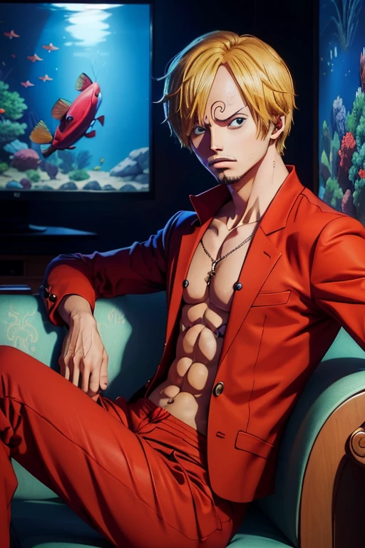 masterpiece,  best quality ,  highres icon, absurdres, 4K, anime character, sanji,  one piece graphic style, man, Sanji eyebrows ,  fringe on the left side , Detailed face, red suit,  dark blue room ,  looking at the screen , aquarium, sofas 