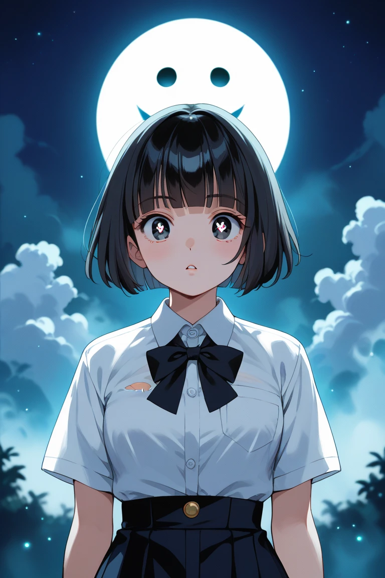 zPDXL3, score_9, score_8_up, score_7_up, SLVTK, 1girl, halftone effect, retro artstyle, ghosts, haunted house, short hair, black hair, black eyes, bob cut, bangs, blunt bangs, polo shirt, collared shirt, short sleeves, torn clothes, night, fog, detailed eyes, round eyes, round pupils,