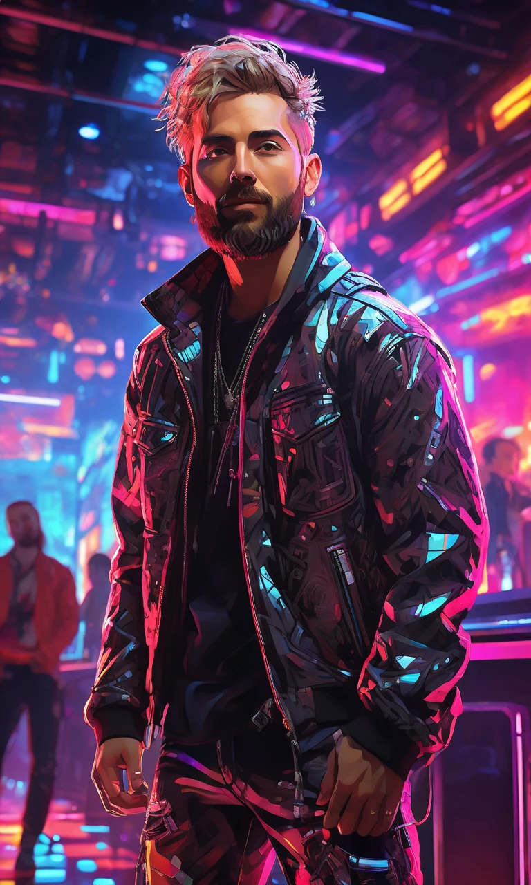 xsgb,Portrait,1rock singer man with medium dark blonde hair 90s gta style holding a guitar with beard,Full-body shot,Dynamic,(Cybernetic DJ),(Mixing music in a futuristic club:1.2),(Glowing neon lights:1.1),a dynamic portrait of a cybernetic DJ mixing music in a futuristic club with glowing neon lights,(Holographic turntables),(Crowd dancing in the background),(Energetic atmosphere:1.3),capturing the energy of a futuristic nightlife.,