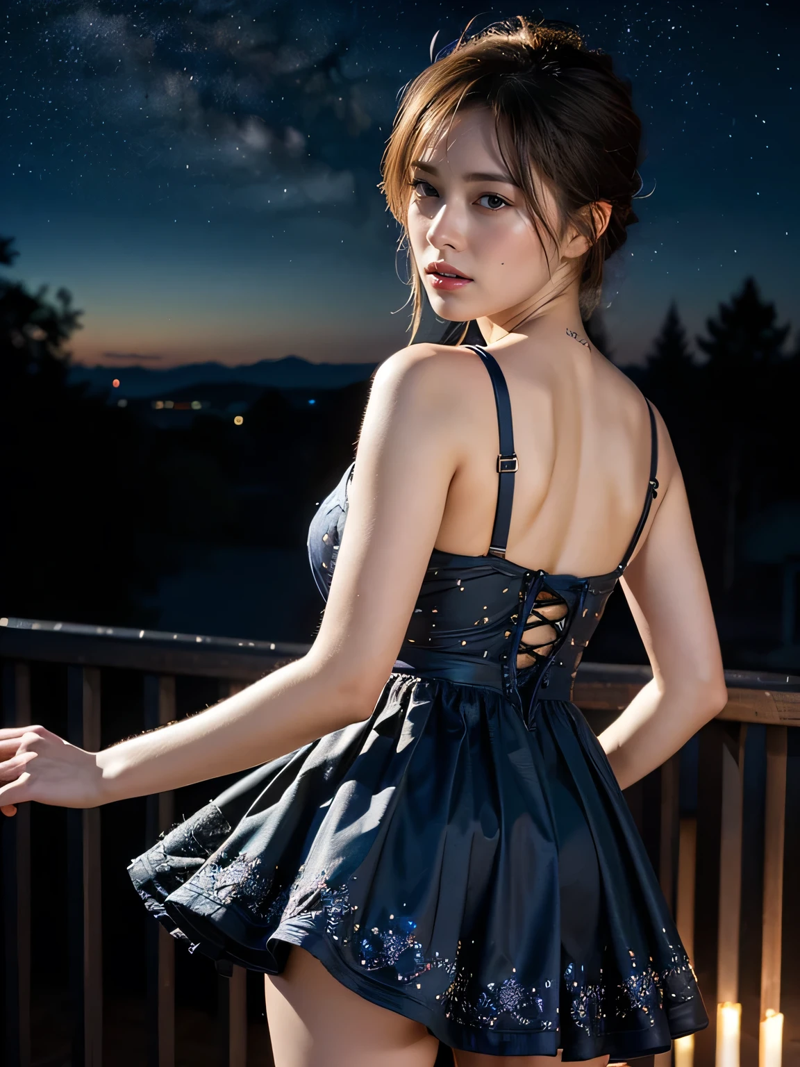 ((masterpiece, highest quality, Best image quality, High resolution, Realistic, RAW Photos, 8k)), ((Highly detailed CG synthesis 8k wallpaper)), Dancing in the starry sky, View from behind, (blue glowing), Shining blue in the dark night, A light, fluttering summer dress,
