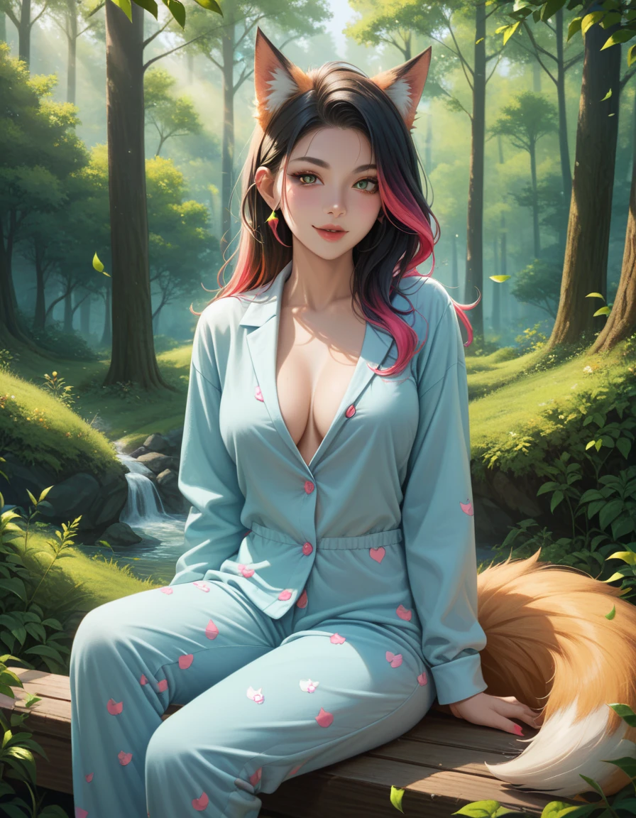 Professional, high-quality photos, 4K resolution, Realistically detailed image of an attractive girl in fluffy white pajamas with fox ears and a fox tail. She is sitting in the middle of a magical forest, Every element is perfectly expressed. The texture of pajamas, The ears and tail are sharp、palpable. The sunlight falls on the leaves、The girl&#39;s face is gently illuminated, Highlights delicate and attractive facial expressions  