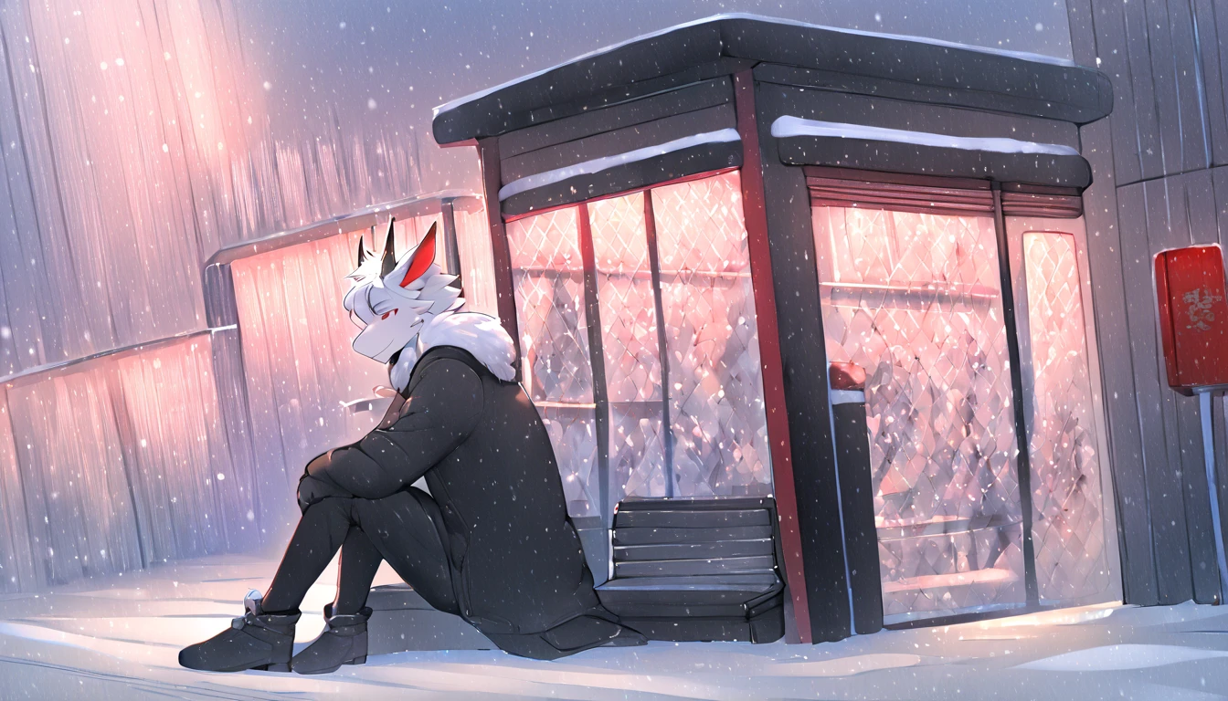 White Dragon Fluffy Red Horned Skinny Femboy Black Winter Suit White All White Cool White Wings White Hair Japanese City Places Snowfall Handsome Fairy Wings Handsome Hairstyle Handsome Face Sitting at Bus Stop Cute Hand-made Heart-shaped Dragon