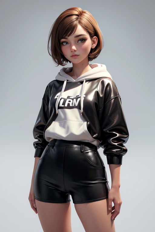 Young woman, short brown hair,  hoodie, pants, latex shorts , AuriculAres,  Natural lighting,  ultra resolution ,  plain white background , without patterns, No textures.