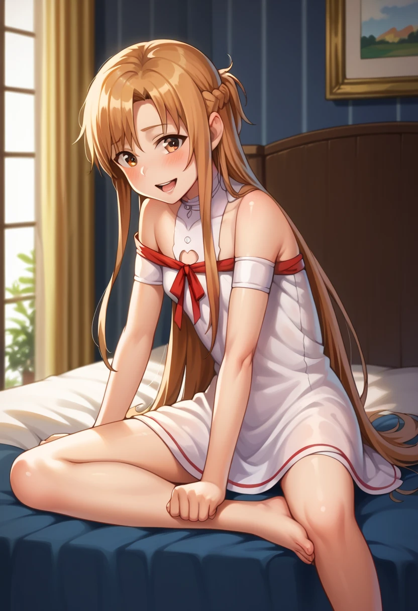 ((Best Quality)), ((masterpiece)), (be familiar with), Perfect Face, indoor, bedroom, Watching the audience,
One woman, Yuuki Asuna,
Open Mouth, Ecstatic expression, blush, smile,
Small breasts, Flat Chest, , , *****, Girl,
Long Hair, Long Hair,
Leg spread,