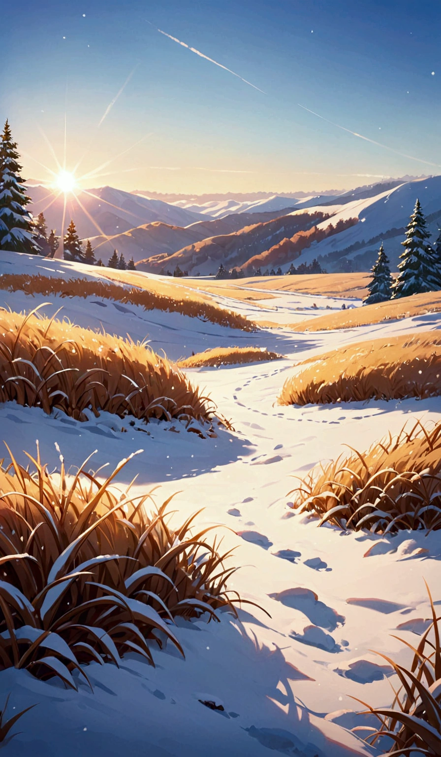 The grass is covered with light snow， and the warm winter sun is in the distance