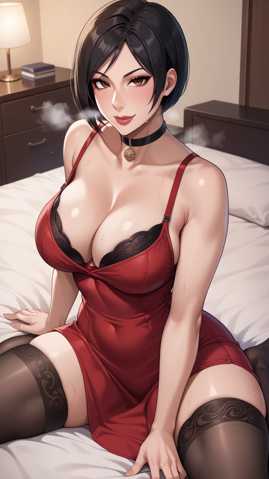 1 girl, milf, Red eyes, very Short hair, hair over one eye, black choker, lipstick, Shy face, black hair, tomboy Pixie haircut, tomboy Pixie haircut, bandeau, belly, huge breast, extreme micro shorts, Open fly, lipstick cowboy shot, lying bed, arms up, armpits, thicc legs