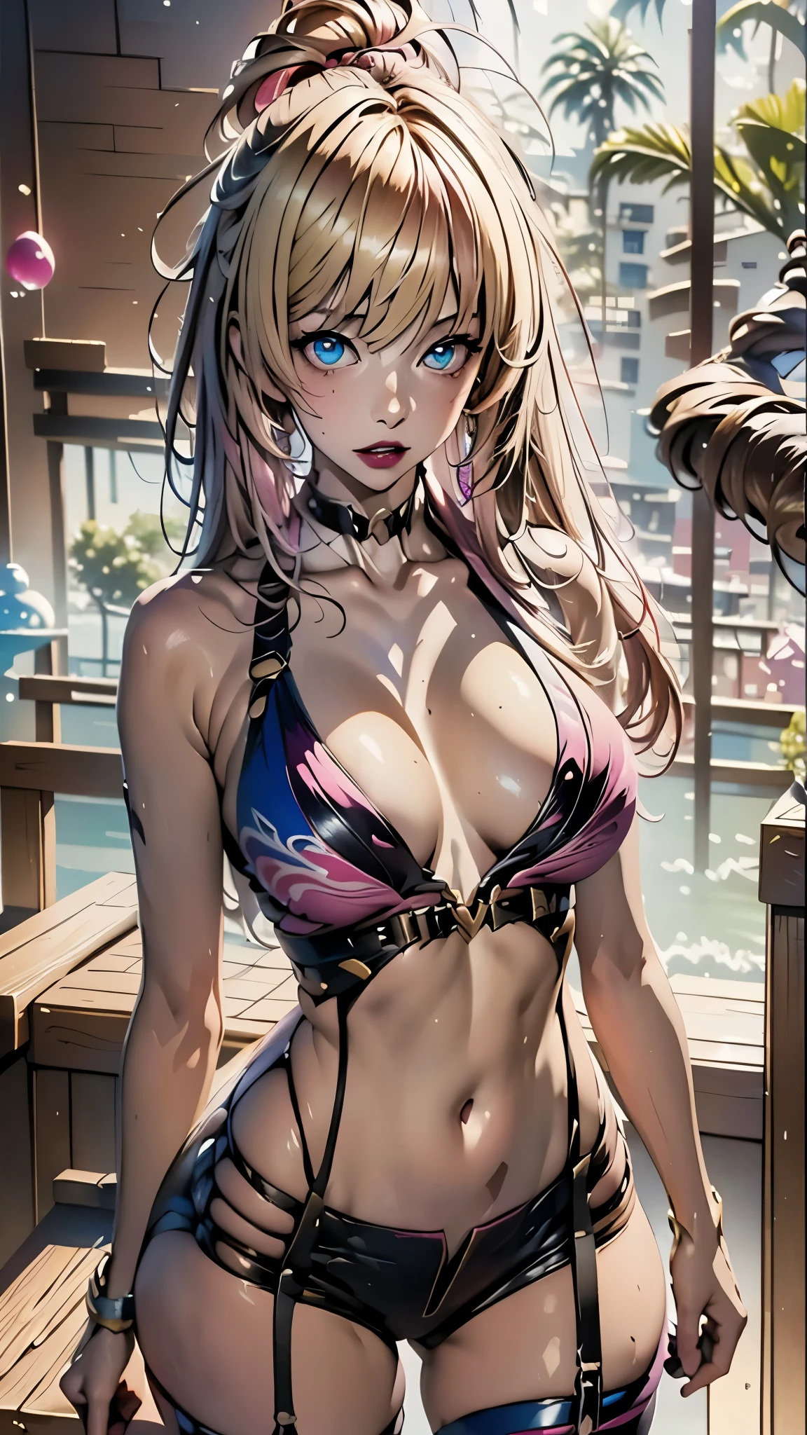 (masterpiece), (highest quality), (super detailed),(messy hair),(figure), (1 girl), (cool otaku clothes), Are standing, looking at the viewer, (bar background),neon,detailed and beautiful eyes,(high color saturation),(colorful splashes),colorful bubble, ((Improve)), long blonde hair, messy bangs, pink lipstick, normal chest, (cleavage), best lighting, best shadow,