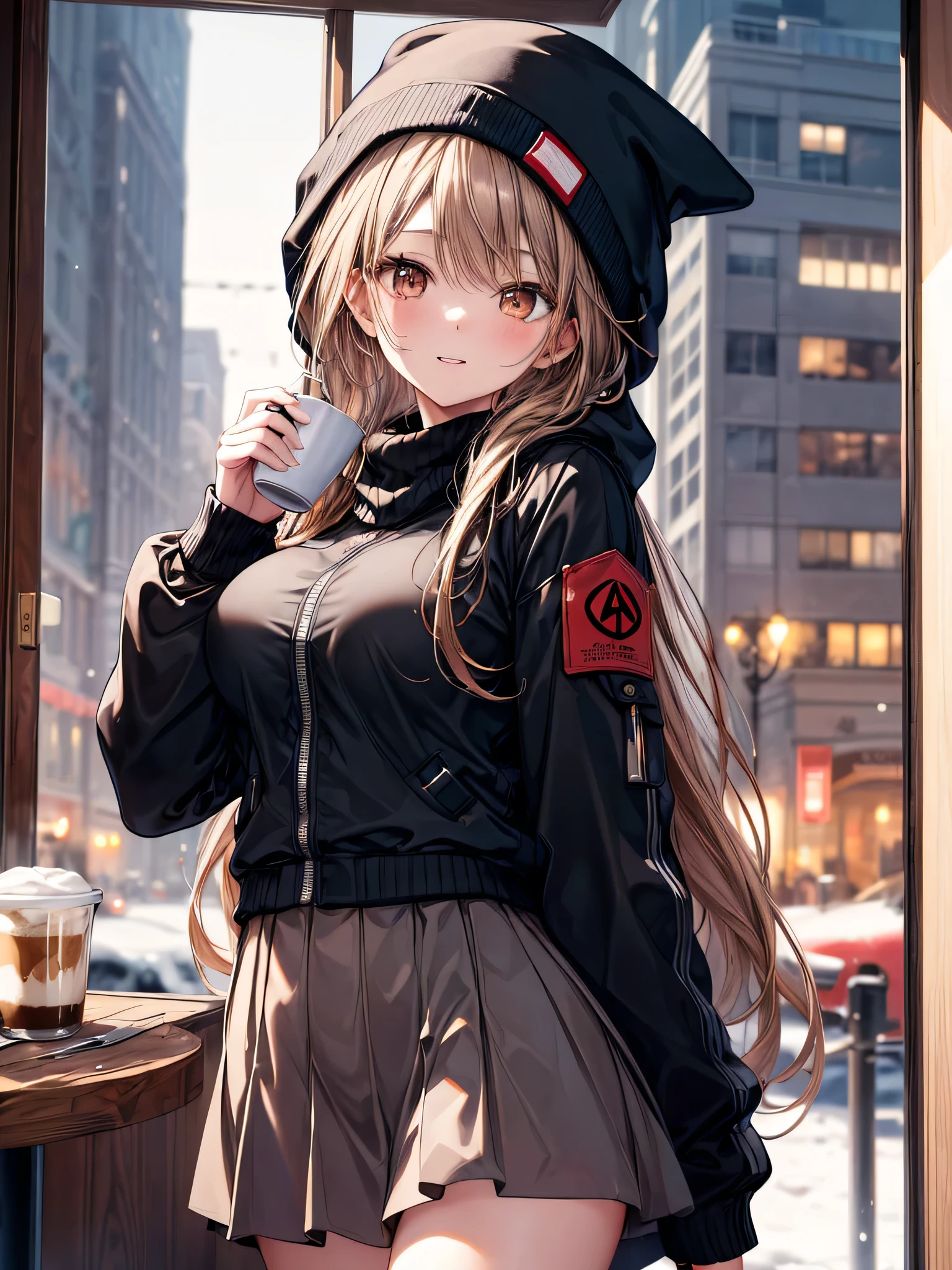 masterpiece, high quality, A pretty woman, Long hair, wavy hair, blonde hair, amber eyes, smiling face, big breasts, juicy breasts, Open shirt, short skirt, black jacket, black beanie hat, background of a coffee shop
