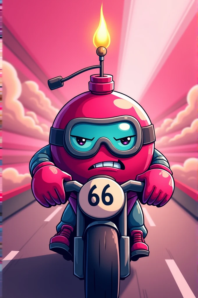  Create a cartoon character in the shape of a bomb with his fuse on ,  lead color with transparent goggles to show his eyes  , color hot pink  ,  gloves holding a racing bike steering wheel ,  a sign on the steering wheel with the number 66  ,  pink background with separations  ,  character must be angry competing  