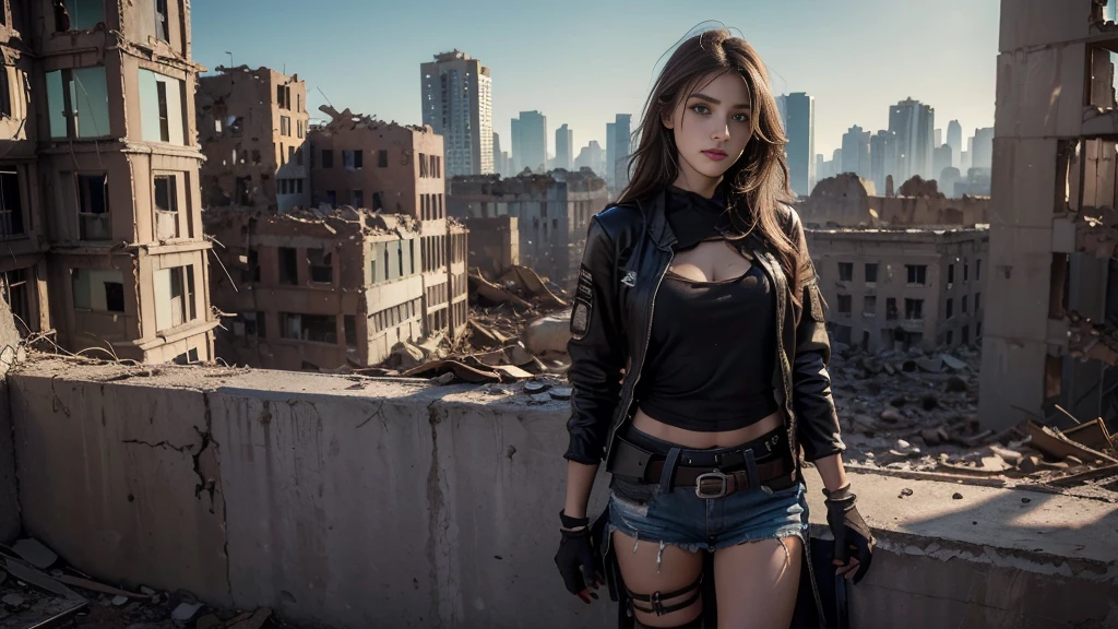 masterpiece, high resolution ,8K,(Portrait Photos:1.5),(R Original Photo),Reality,Digital Photography,(Apocalyptic ruins ),City ruins，beautiful 20 year old woman，sentry， post-apocalyptic scene，Close-range photography， broken clothes