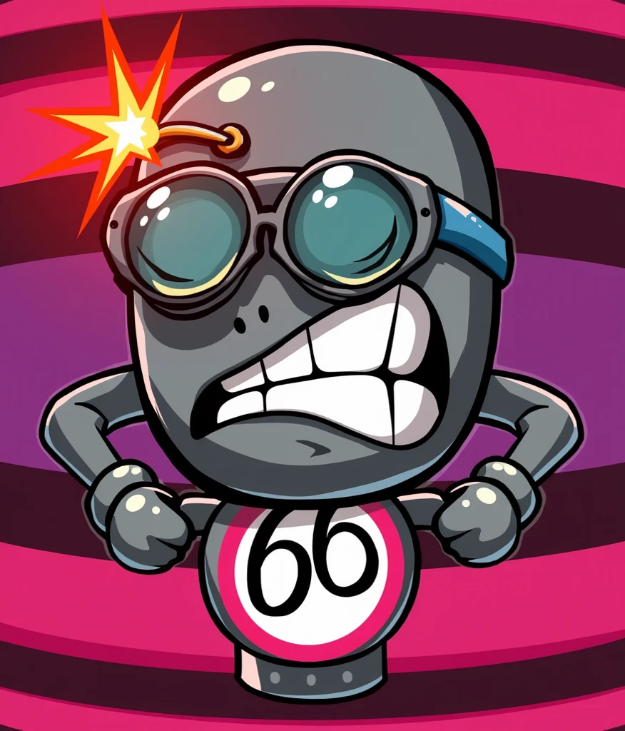  Create a cartoon character in the shape of a bomb with his fuse on ,  lead color with transparent goggles to show his eyes  , color hot pink  ,  gloves holding a racing bike steering wheel ,  a sign on the steering wheel with the number 66  ,  pink background with separations  ,  character must be angry competing  