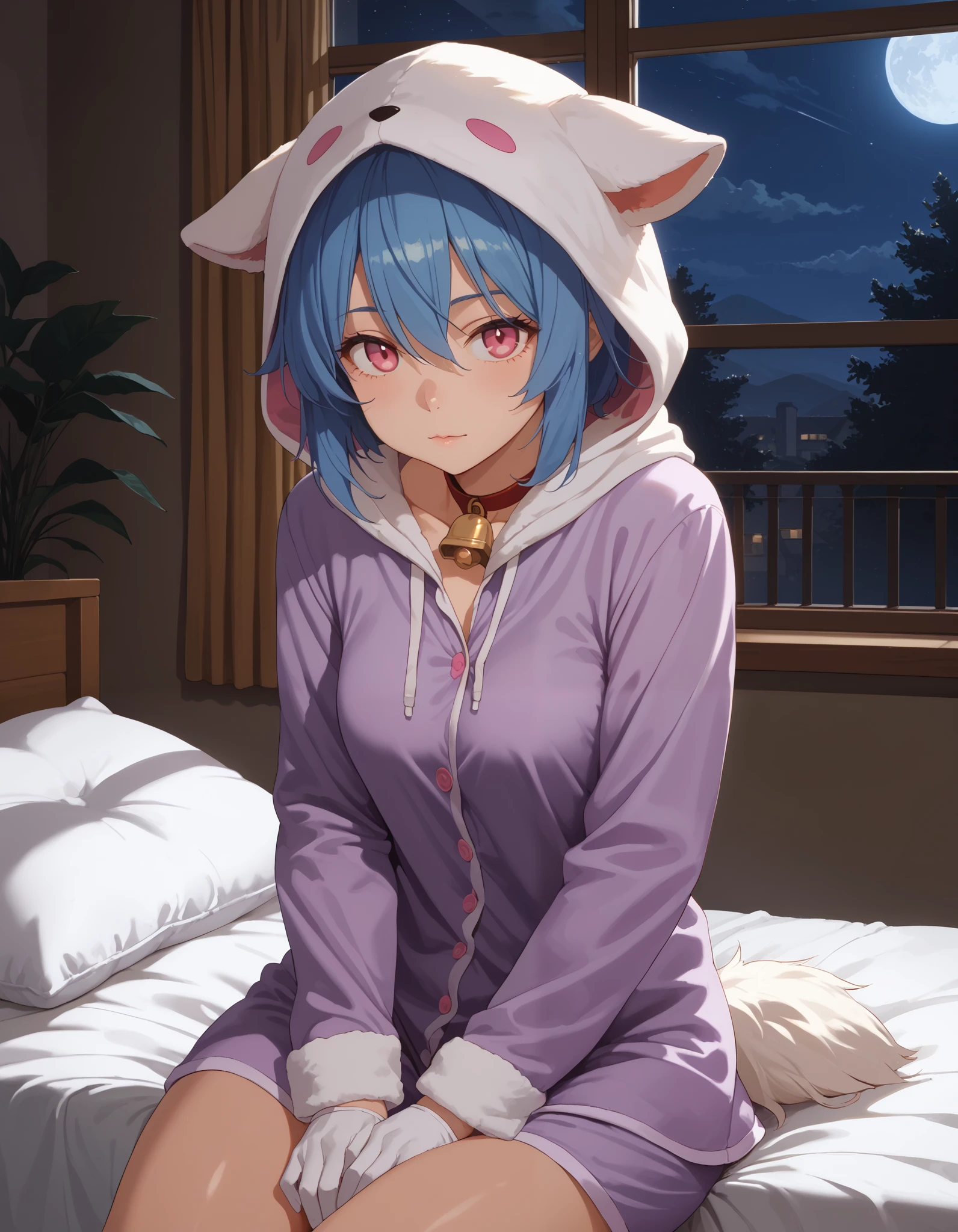 score_9, score_8_up, score_7_up, 1girl, solo, no humans, furry, fluffy fur, Wlkindredxl, anthro, white fur, white hands, shadow face, pink eyes, no pupils no mouth, animal hood, sidelocks, blue hair, pajamas, purple onesie, fur tuft, long sleeves, neck bell, upper body, cowboy shot, night, bedroom, pillow, sitting, window, hands on legs, close up, shadowperson 