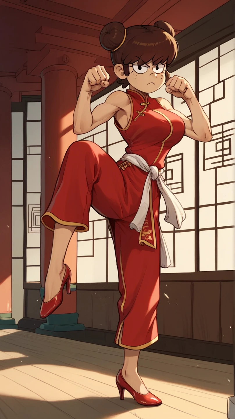 Lynn Loud, 1girl, solo, 24yo girl, large breasts, red cheongsam, inside of a chinese temple, looking at viewer, brown hair, two hair buns, hands score_9, score_8_up, score_7_up,high heels, teep fighting stance,martial arts