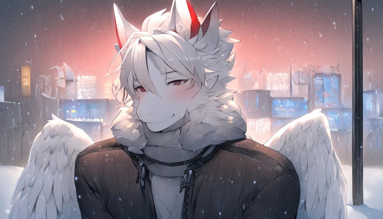 White Dragon Fluffy Red Horned Skinny Femboy Black Winter Suit White All White Cool White Wings White Hair Japanese City Places Snowfall Handsome Fairy Wings Handsome Hairstyle Handsome Face Sitting at Bus Stop Cute Hand-made Heart-shaped Dragon