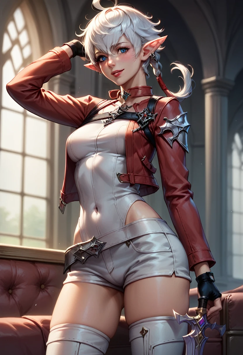 (masterpiece:1.2, best quality), (intricate details), alisaie, (alisaie leveilleur (final fantasy)), 1girl, elf ears, red jacket, thigh boots, white shorts, fit female, realism, Detailed, intricate, sharp focus, Ultra-detailed, detailed pupils, puffy lips, skindentation, (intricate detail), (Soft Lighting), Charming smile, white hair, low ponytail, medium breasts, nice hips, thighs,