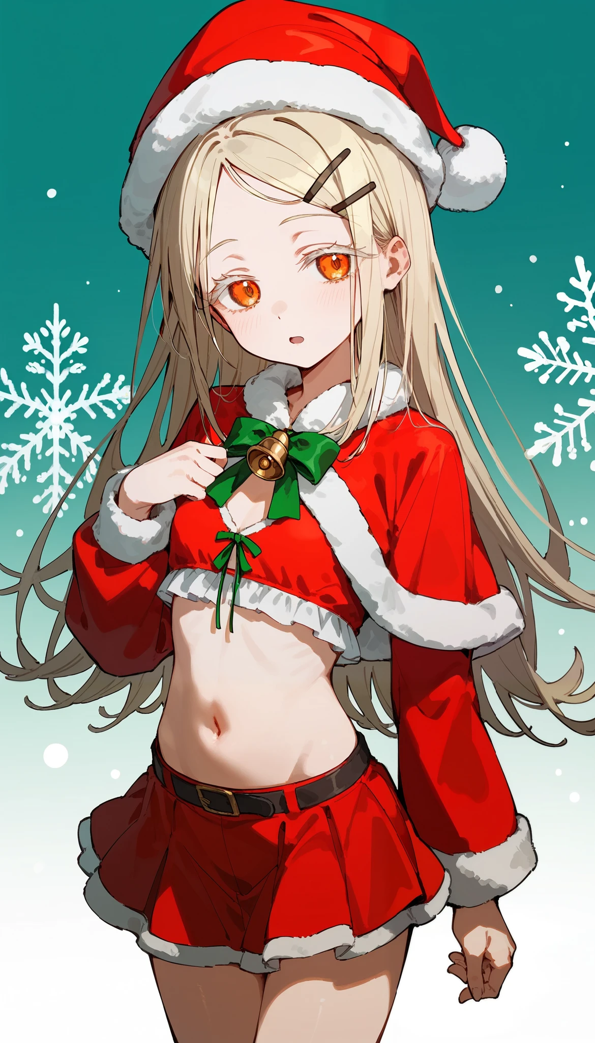 shinosawa hiro,slender,(Listless), Half-open eyes, deep orange eyes,white eyelashes, white blonde hair,long hair,hairclip, small breast, thin belly, small mouth, santa costume, red cropped short jacket, micro mini-skirt, red santa hat, green ribbon tie with a bell, bare under chest,  girl, solo, best quality, very aesthetic, nsfw、Highest quality, masterpiece, No correction,thin, shy, Expressionless, (little smile:0.5), open mouth, Christmas, cowboy shot, 