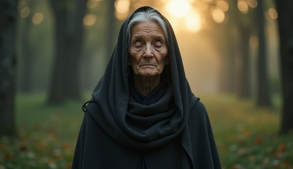 an elderly woman, of average height, fat, with a black hood looking like a medieval outfit from the 1930s with her eyes completely closed and a worried face with a very close focus on the image and