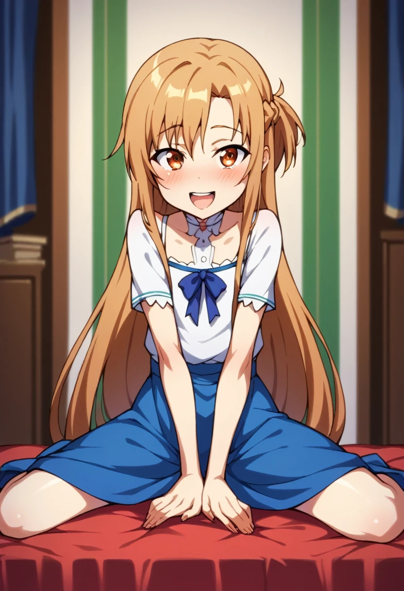 ((Best Quality)), ((masterpiece)), (be familiar with),  perfect face, indoor, bedroom,  watching viewers,
One woman,  Asuna Yuki,
 characters with open mouth ,  ecstatic expression with hands in front of body, blush, smile,
Small breasts,  flat chest, Young girl, Lori,  kids,  girl,
 long hair,  long hair,
Leg spread,