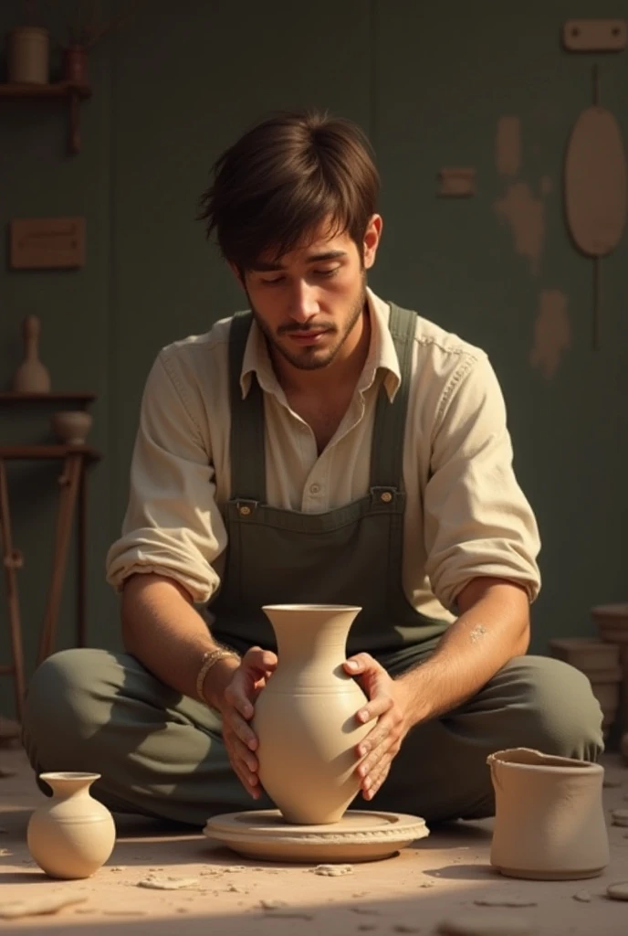young, Beautiful, handsome, white, skinny, soft skin, beautiful face, shirtless, big penis in an old pottery making a vase with his brother linda cola con una abuela asu lado