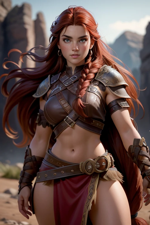 Viking woman, warrior,  long red hair tied in a single braid ,  amazonian body ,  brown eyes , leather armor with leather linings and Celtic and Norse knots, fur skirt, bushy eyebrows, Looking at the camera,  composition epic character,  Natural lighting,  ultra resolution ,  plain white background , without patterns, No textures.