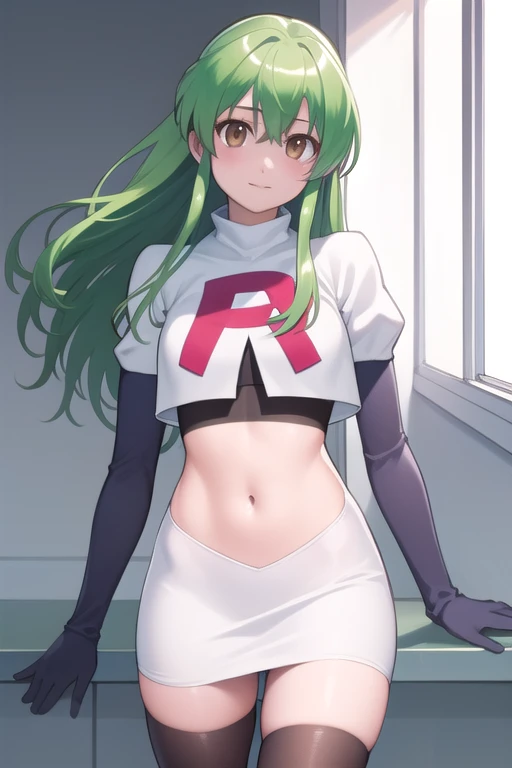 codegeasscc, cc, (brown eyes:1.5), green hair, long hair, straight hair, purple earrings
BREAK team rocket,team rocket uniform,white skirt,red letter R,crop top,black thigh-highs,black elbow gloves
BREAK looking at viewer, (cowboy shot:1.5),
BREAK (masterpiece:1.2), best quality, high resolution, unity 8k wallpaper, (illustration:0.8), (beautiful detailed eyes:1.6), extremely detailed face, perfect lighting, extremely detailed CG, (perfect hands, perfect anatomy),