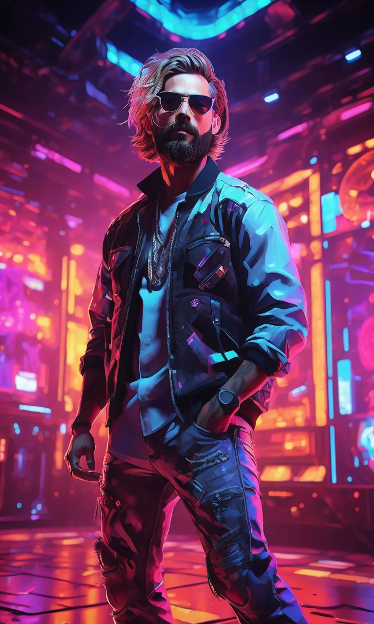 xsgb,Portrait,1rock singer man with medium dark blonde hair 90s gta style holding a guitar with beard,Full-body shot,Dynamic,(Cybernetic DJ),(Mixing music in a futuristic club:1.2),(Glowing neon lights:1.1),a dynamic portrait of a cybernetic DJ mixing music in a futuristic club with glowing neon lights,(Holographic turntables),(Crowd dancing in the background),(Energetic atmosphere:1.3),capturing the energy of a futuristic nightlife.,