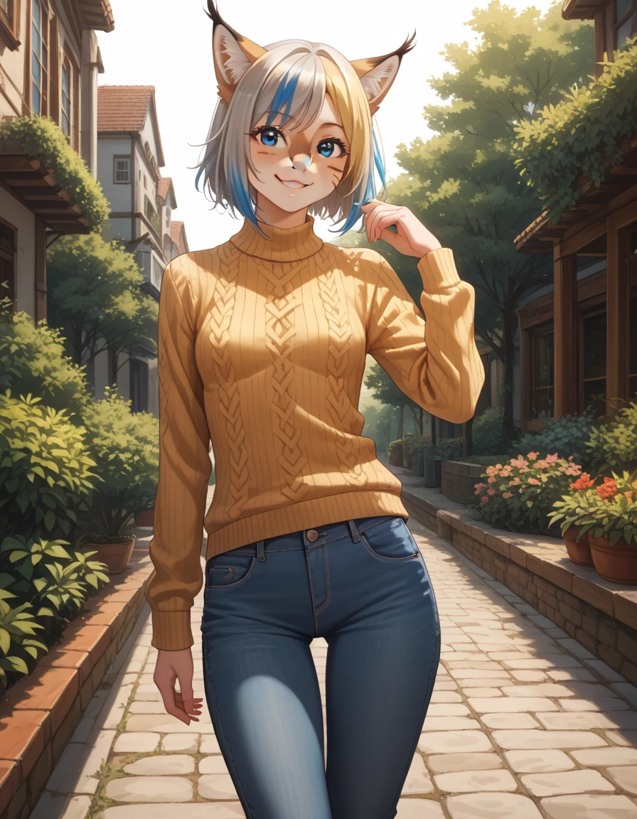 score_9,score_8_up,score_7_up,source_anime, 1girl, solo, digital_media_(artwork) hi_res,, beautiful, anthro, furry, female, furry female, detailed textured fur, fur tufts, lynx, slim, slender, small breasts, cute, sweater, denim jeans, multicolor hair, streaked hair, red blue blonde silver hair, blonde fur, beautiful blue eyes, smile, solo, 