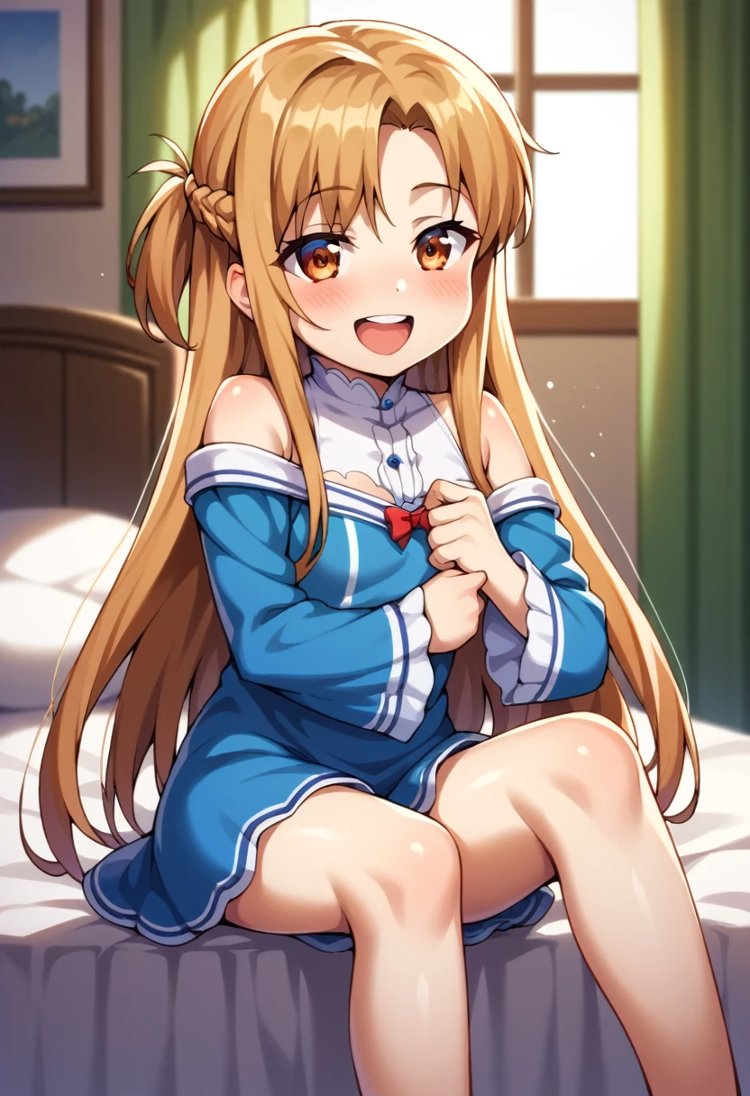 ((Best Quality)), ((masterpiece)), (be familiar with),  perfect face, indoor, bedroom,  watching viewers,
One woman,  Asuna Yuki,
 characters with open mouth ,  ecstatic expression with hands in front of body, blush, smile,
Small breasts,  flat chest, Young girl, Lori,  ,  girl,
 long hair,  long hair,
Leg spread,