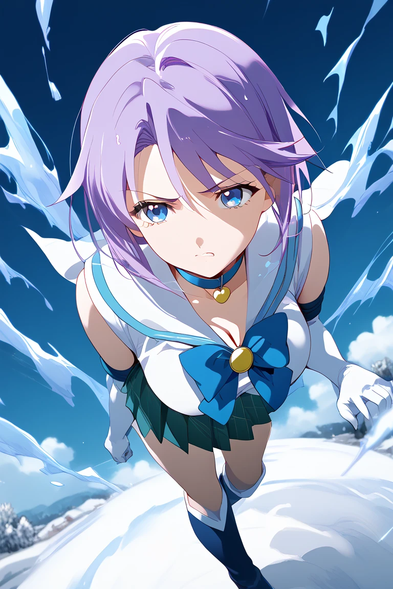   1girl, shirayuki mizore, rosario+vampire, short hair, purple hair, blue eyes, big breasts, anime screencap, anime coloring, An anime-style illustration of Mizore Shirayuki wearing a sailor scout outfit inspired by Sailor Mercury from Sailor Moon. The outfit includes a short blue pleated skirt, a white sailor-style top with a blue collar and matching blue bows at the chest and lower back, elbow-length gloves, and blue knee-high boots. Mizore's lavender hair and icy-themed aesthetic are maintained, and she stands confidently, posing with a determined expression, surrounded by a light aura of ice or snow. The background features a magical, starry night sky or an ethereal setting reminiscent of a transformation scene, with sparkles and dynamic lighting that enhance her presence.