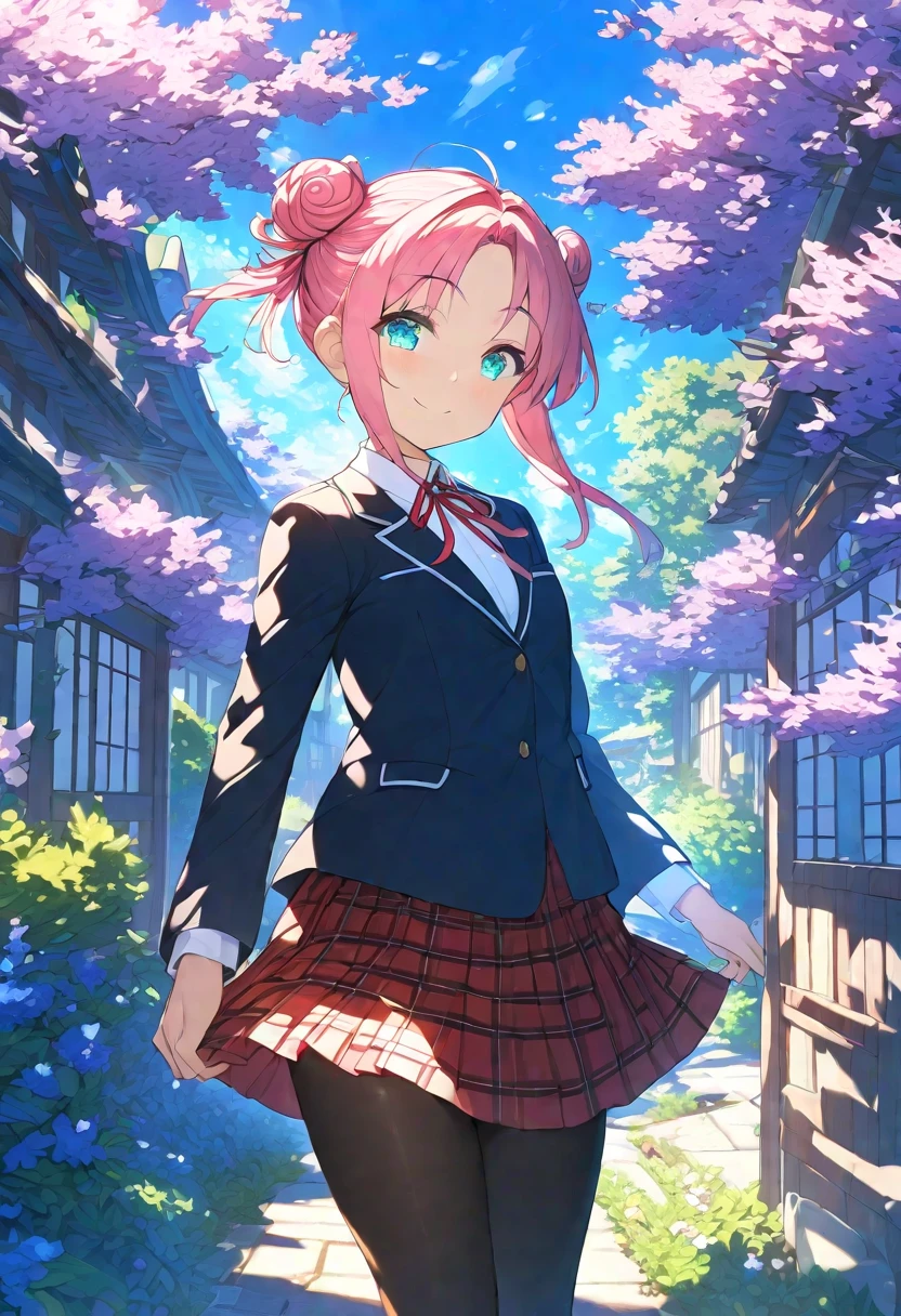 Nsfw, Masterpiece, hdr, bloom, 4k, Anime-style illustration featuring a beautiful female student with pink messy bun:1.3 hair,cyan eyes, ****, large breast, She is wearing a formal school uniform consisting of a black blazer, white shirt, red neck ribbon, red plaid skirt, and black pantyhose. The student stands gracefully. The background is a serene school courtyard during a sunny day, with trees, a blue sky, and soft sunlight filtering through, creating a peaceful and bright atmosphere. The style is detailed and vibrant, evoking a classic anime scene, cowboy shot, looking at viewer, smiling 