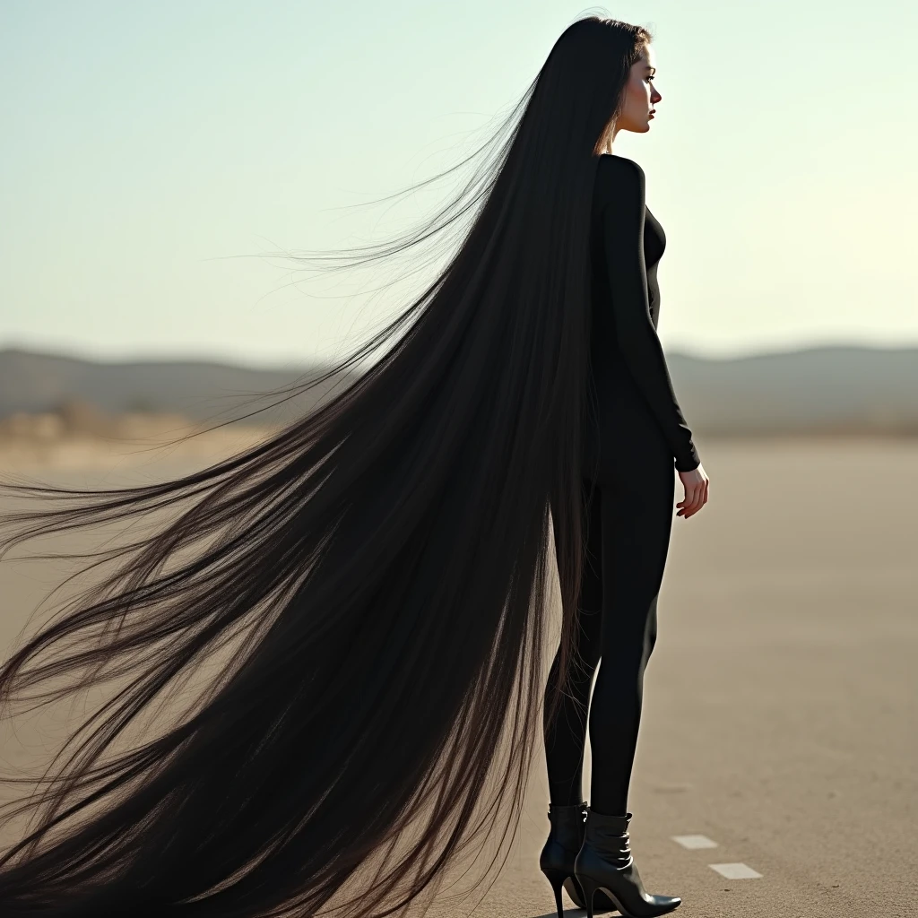 A (((female silhouette))), representing an Ignis Fatuus, with long, flowing locks and ethereal features, standing against a backdrop of a (dusk-filled landscape)