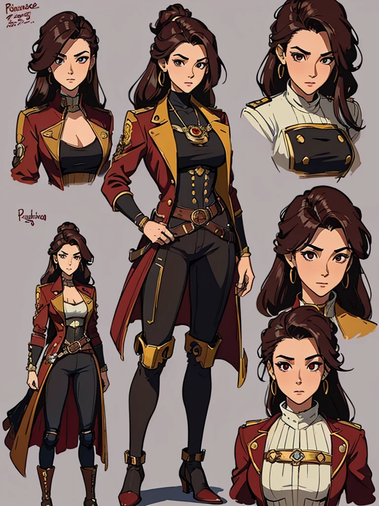 (masterpiece, best quality, character design plug, character reference sheet, concept art, same character, detailed face, super detailed, advanced details, highest quality, high resolution, 8K) full body female wearing a maroon and gold and futuristic capitain navigator pirate steampunk clothes, Portugal theme, long hair, light grey background color