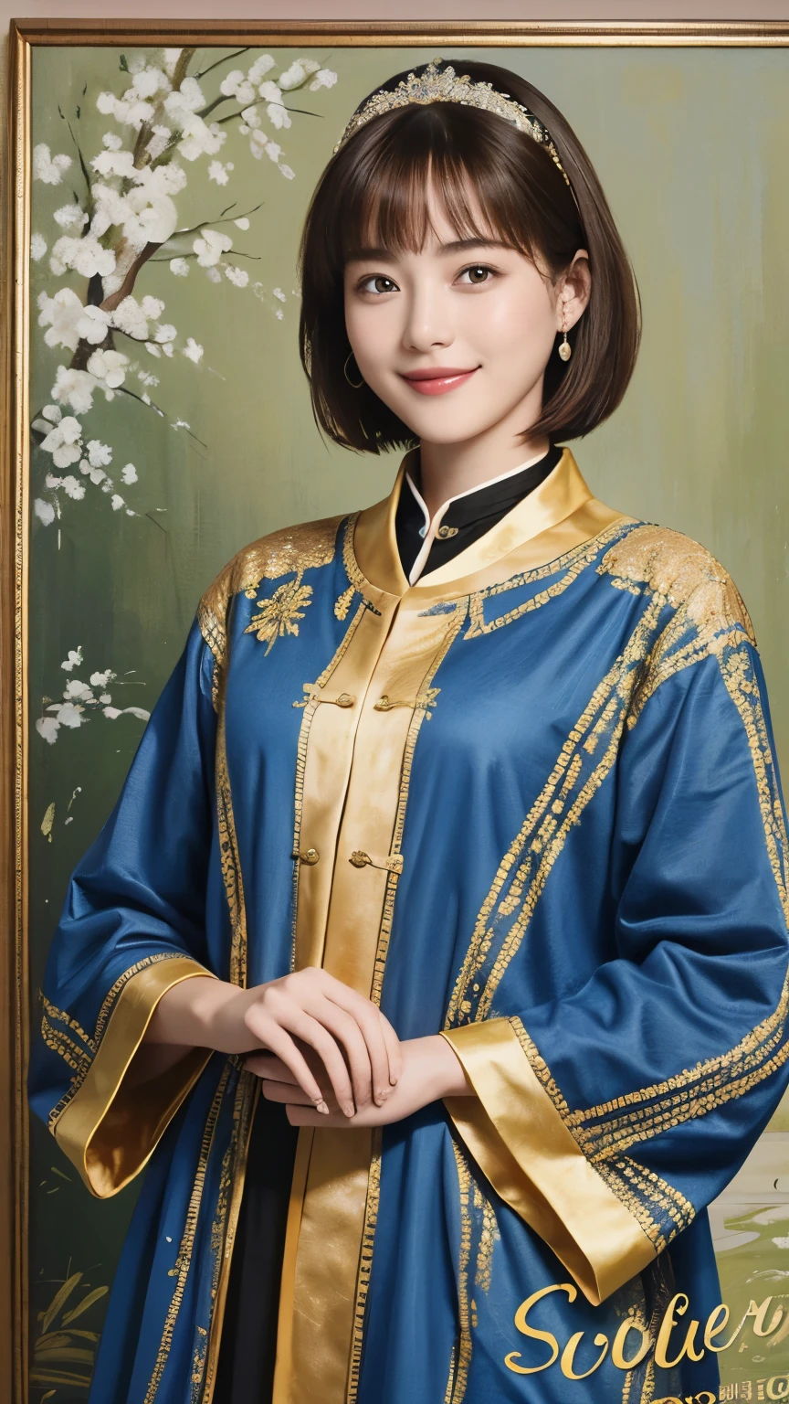 Arafed image of a woman in a blue and gold dress - SeaArt AI