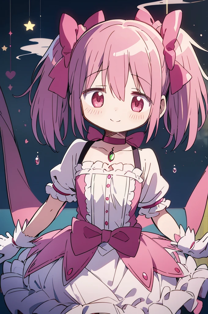  one girl , Alone, masterpiece, Best Quality,
Gloves, 魔法少女まどか☆マギカ, Madoka Kaname, Madoka Kaname, Smile 1:5, smoking 1 :5,Smoke is foggy ,Pink Eyes,  Pink Hair,  short hair,  twin tails, short  twin tails,   hair bow,  red ribbon, Magical Girl,  choker, ribbon  choker, Soul Gem, clavicle, Short sleeve,  Puff Sleeves, puffy Short sleeve,  center frill , white Gloves,  open back clothing , Scapula,   medium chest , Bubble Skirt, ribbon car 
   