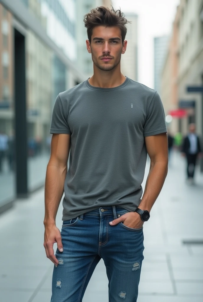 Handsome 26 year old man, 170cm tall, 60kg weight, Caucasian skin, dark hair, grey-eyed, wearing black and white striped shirt, jeans, looking elsewhere, (((concrete park))), natural morning light, true-to-life portrayal, highy detailed, analog style, (((whole body))),