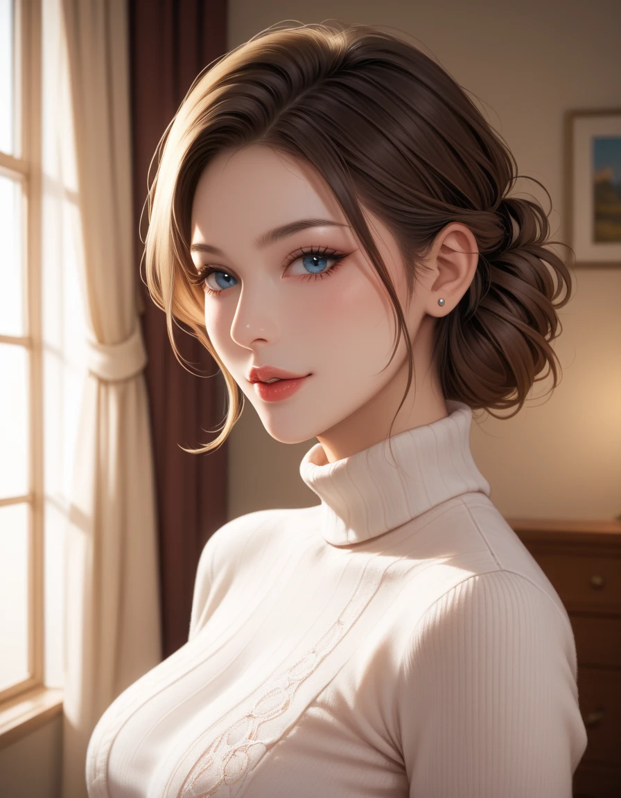 An elegant woman with a confident expression, wearing a stylish turtleneck sweater, paired with a seductive garter belt. She strikes a sexy pose, exuding a sense of allure and sophistication. The lighting is soft, casting a gentle glow on her face and highlighting her features. The colors in the image are vivid, adding vibrancy and depth to the overall composition. The artwork is created in a realistic style, capturing the essence of the subject with high attention to detail. The quality of the image is top-notch, with a resolution of 4k or 8k, ensuring every nuance is beautifully rendered. The scene is reminiscent of a professional photography shoot, exhibiting professional finesse and style.