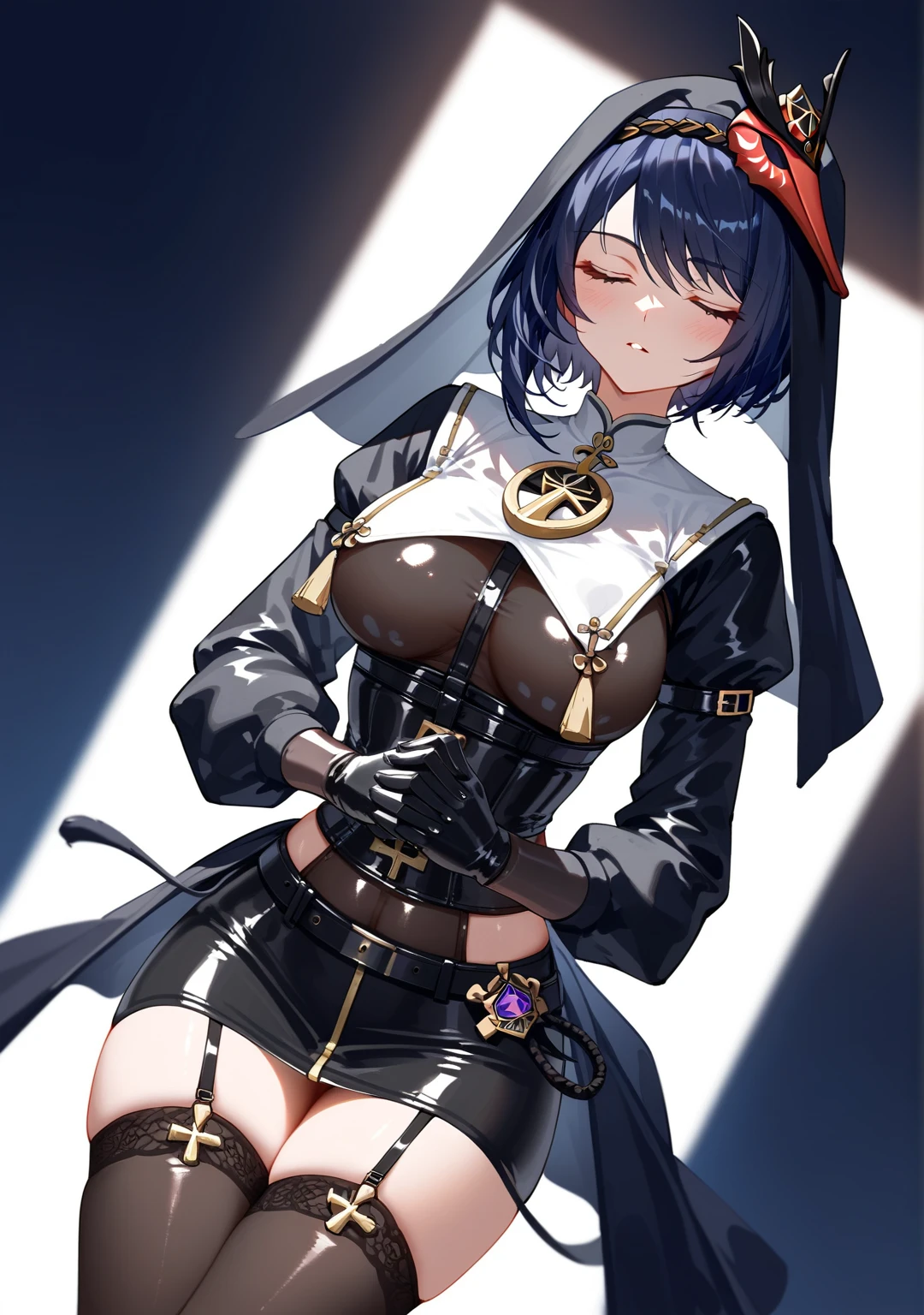 Highest quality, Highest quality, High quality illustrations, masterpiece, Ultra-high resolution, Detailed Background, Absurd, Perfect Anatomy, performance, Good lighting, Shadows in the movies, 1 girl, solo, Kujou Sara\(genshin_impact\), short hair, yellow eyes, black hair, medium breasts, alternate costume, standing, blush, goth face, closed eyes, nun police girl, military nun, soldier uniform, skirt, corset, belts holster, belts, shirt, skirt, pray pose, top angle, hands praying pose, see through, crosses, gloves, latex, black-red uniform, coat, stockings, military general cap, front view, sexy latex, bewitching thighs, gleaming, shiny, shiny skin, shiny outfit