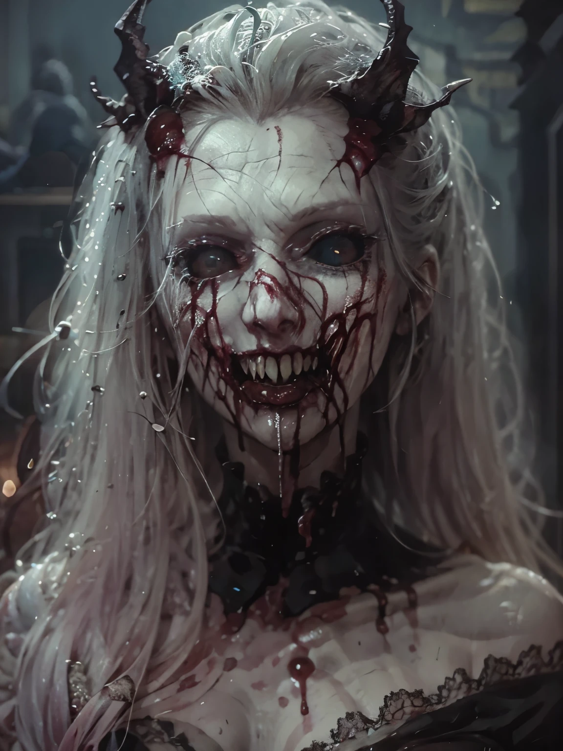 "(close up retrato), Dark fantasy,  Gothic style , Vampire Queen, usando um vestido  Gothic style ,  with a bloodthirsty smile and blood on her face  , disturbing, terror, Terrifying art, Body, and a bloody moon in the background .  The scene is set in a Gothic castle with lots of bats,  emphasizing pale skin and glowing eyes  ."
