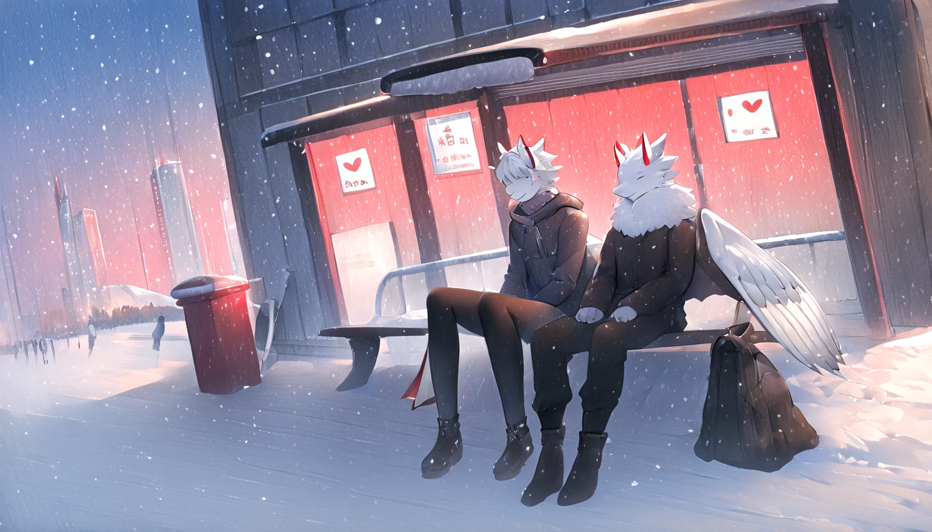 White Dragon Fluffy Red Horned Skinny Femboy Black Winter Suit White All White Cool White Wings White Hair Japanese City Places Snowfall Handsome Fairy Wings Handsome Hairstyle Handsome Face Sitting at Bus Stop Cute Hand-made Heart-shaped Dragon